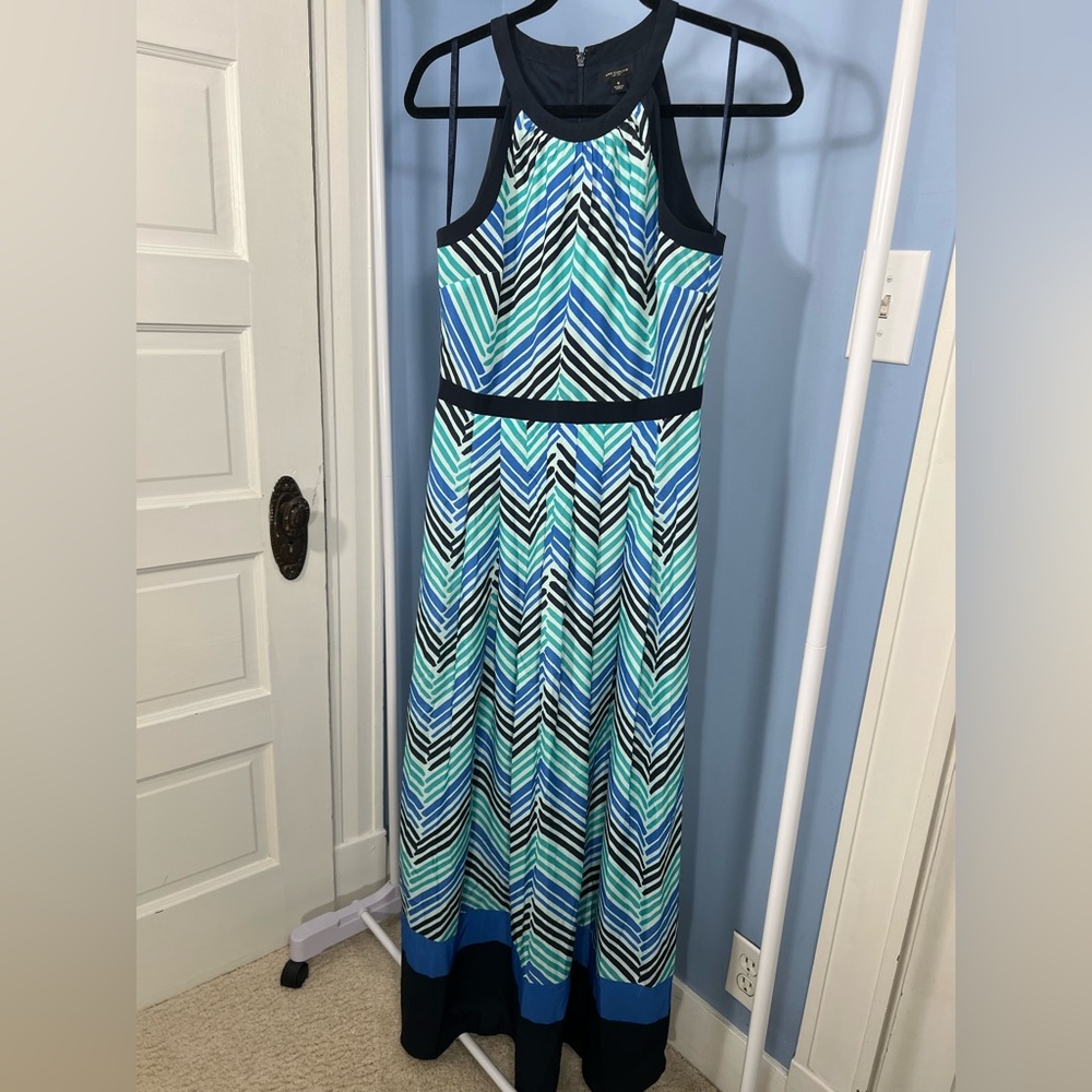 Ann Taylor Maxi Dress 4 Women’s Green Blue Striped Halter Neck Sleeveless
